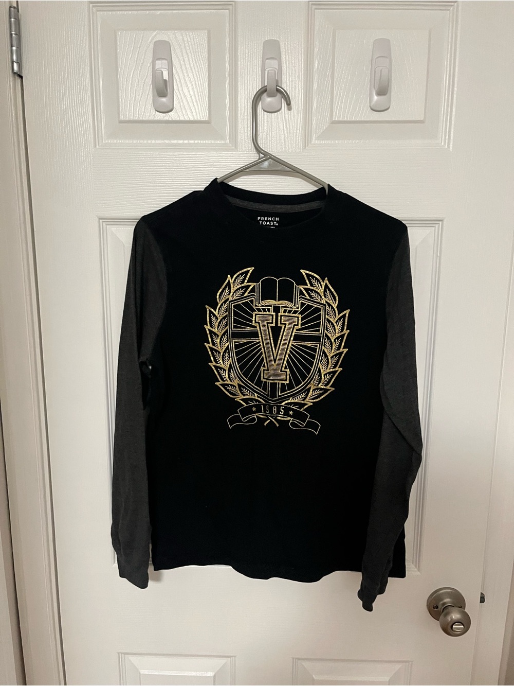 French Toast Black Long-Sleeve Tee with Gold Crest Emblem